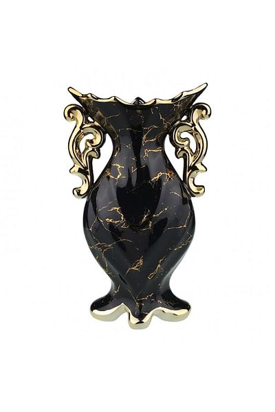 OEM Vază ceramică cu mânere și deschidere largă ondulată, 21x35 cm, neagră