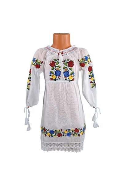 OEM Rochie tradițională pentru fete, bumbac, albă cu broderie florală, mânecă lungă, vârsta 2 ani