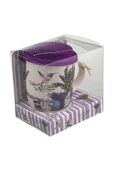 OEM Cană ceramică cu lingură și capac din silicon, design lavandă, 13x13 cm