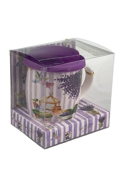 OEM Cană ceramică cu linguriță și capac din silicon, design lavandă, 13x13 cm