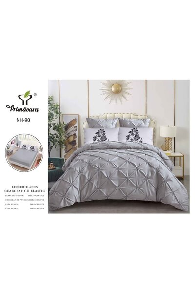 OEM Double bed linen set, pleated, Finet, 6 pieces, 2 persons, Uni, 180x200cm, light grey