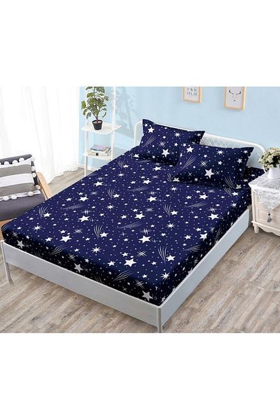 OEM Cearșaf de pat cu elastic, 3 bucăți, bumbac satinat, 180x200cm, imprimeu stele bicolor, bleumarin-alb