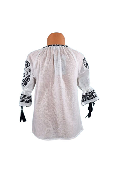 OEM Bluză tradițională pentru fete, bumbac, albă cu broderie geometrică, neagră, 10 ani