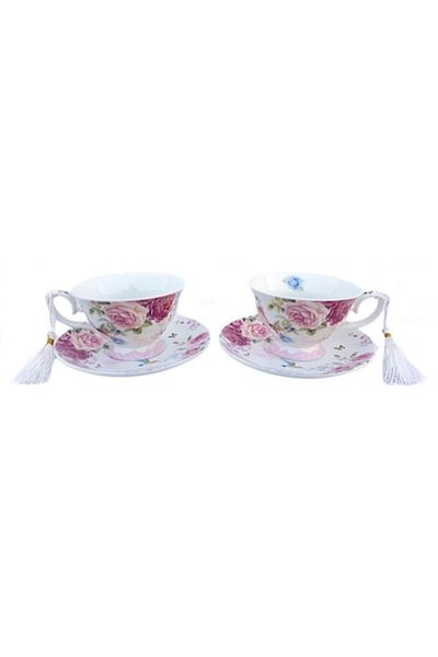 OEM Set din ceramica format din 2 cesti, decorate cu snur, cu farfurii, ambalate intr-o cutie eleganta,