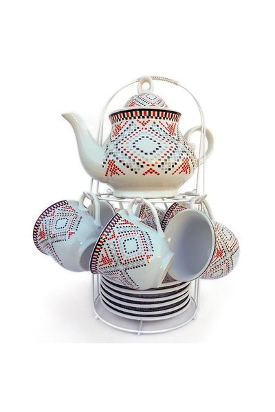 OEM Set din ceramica format din ceainic cu sase cesti si farfurii cu model traditional, M2, 25x33 cm