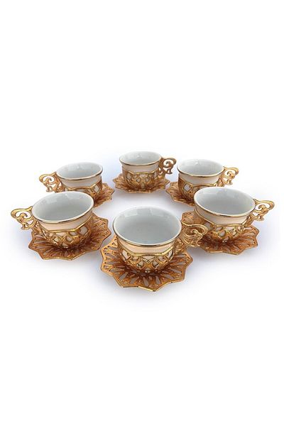 OEM Set 6 cești de ceai cu farfurii, suport metalic cu mâner, ceramică, 37x24cm, auriu