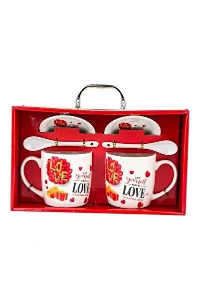 OEM Set de două cești ceramice cu capace și design cu baloane în formă de inimă