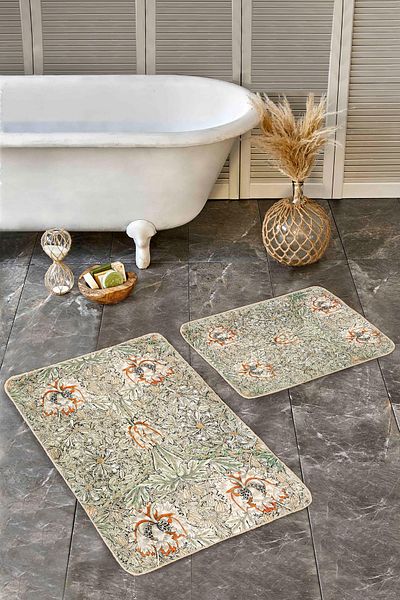 Realhomes Floral Leaf Cream Orange Patterned 2-Piece Non-Slip Base Washable Bath Mat Set