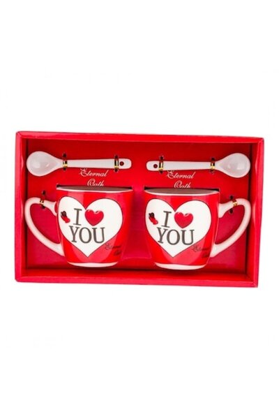 OEM Ceramic set consisting of two mugs with spoons, with hearts and love messages in English