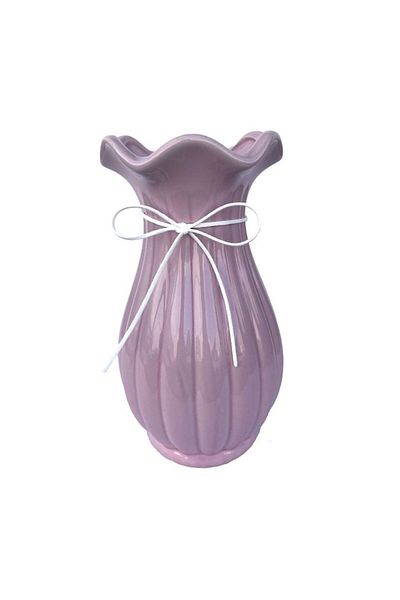 OEM Vază ceramică cu gură largă și dungi, roz, 13x24 cm