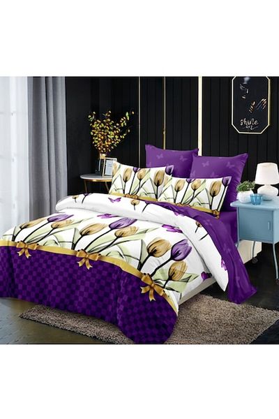 OEM Double Bed Linen with Elastic, Tulip and Bow Print, 6 Pieces, 2 Persons, 180x200cm, Finet Satin