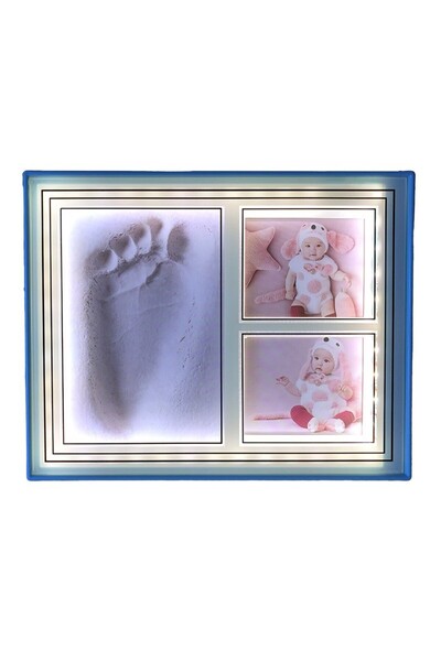 OEM Ramă foto dublă, plastic, LED, secțiune pentru bebeluși, albastră, 25x20 cm
