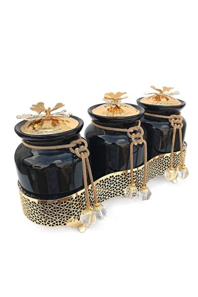 OEM Ceramic Olive Oil Holder Set with Butterfly Handles and Black Perforated Metal Stand