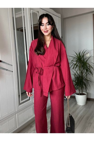 My Blog Burgundy Shawl Collar Kimono Pants Set - 98655
