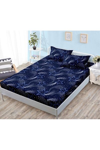 OEM Cearșaf de pat cu elastic, 3 bucăți, bumbac satinat, 180x200cm, imprimeu stele căzătoare, albastru marin