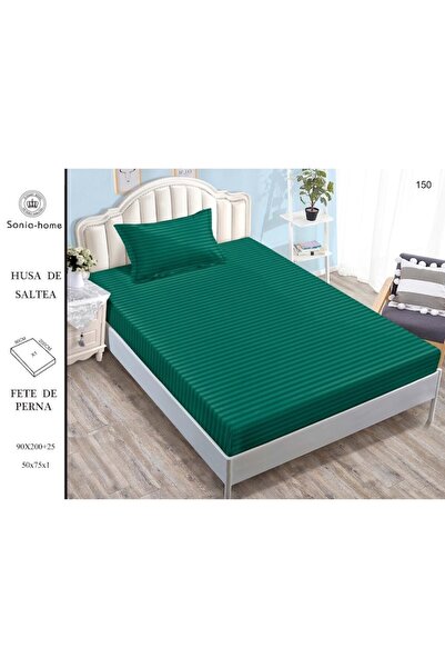 OEM Husa de pat si 2 fete de perna, cu elastic, Sonia-Home, Damasc, 1 Persoana, Uni, 90x200cm, Verde Sma