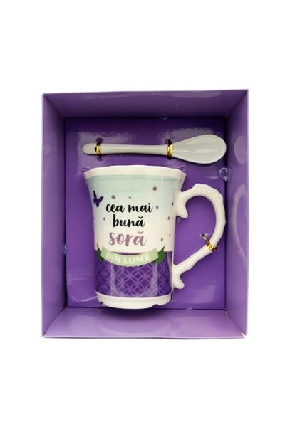 OEM Cană ceramică cu lingură și săculeț cu lavandă, 15x19 cm