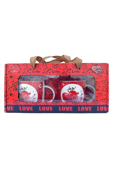 OEM Set 2 ceramic mugs with spoon, hearts and text 'I love you', 30x16cm