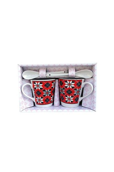 OEM Set 2 căni ceramice cu modele populare, cu lingurițe, 150 ml