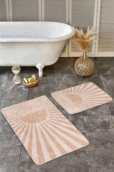 Realhomes Beige Pastel Sunlight Modern 2-Piece Non-Slip Base Washable Bath Mat Set