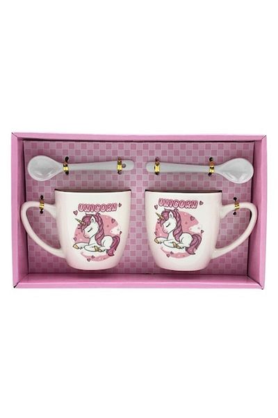 OEM Set din ceramica, 2 cani si lingurite, model unicorn, 23x14 cm, multicolor M4
