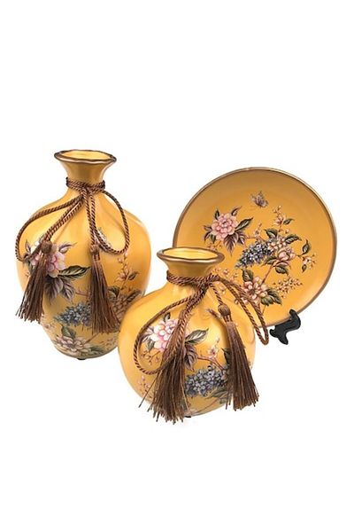OEM Set din ceramica format din doua vaze de dimensiuni diferite si farfurie decorativa, cu flori desena