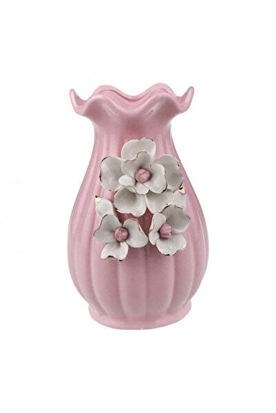 OEM Vază ceramică cu margine ondulată și relief floral, 12x19 cm roz