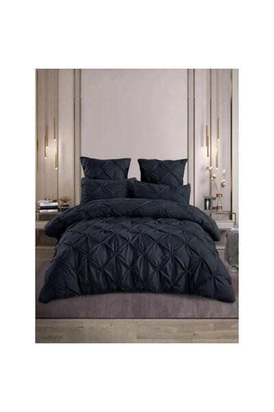 OEM Double bed linen, embroidered pleats, plain color, 6 pieces, fine cotton, 230x250cm, black