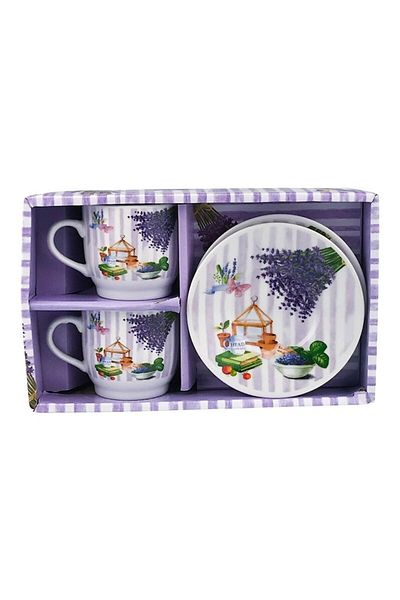 OEM Set ceramic cu două cești și farfurie, 24x15 cm, motiv lavandă, multicolor