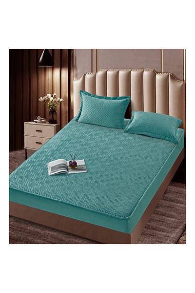 JOJO HOME Bed Cover and 2 Pillowcases, Jojo Home, Velvet, Abstract Design, Quilted Topper, 160x200cm, Turquois
