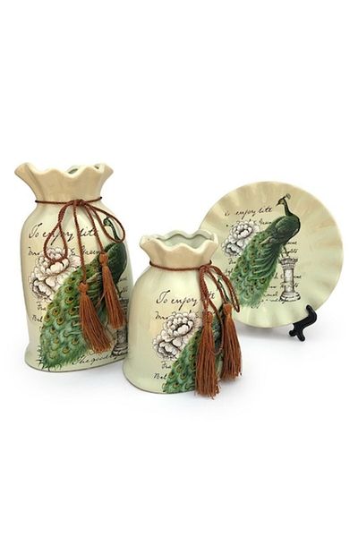 OEM Set din ceramica format din doua vaze cu farfurie cu pauni desenati si cu snur, M2, 39x23 cm