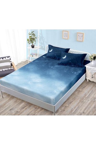 OEM Husa de Pat, cu Elastic, 3 Piese, Bumbac Satinat, 180x200cm, Imprimeu Noapte Linistita, Bleumarin-Al