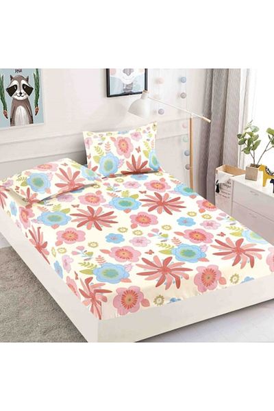 JOJO HOME Husa de pat dublu, cu elastic, Jojo Home, Finet, 3 piese, 2 persoane, 180x200cm, Imprimeu Flori Past