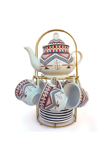OEM Set din ceramica format din ceainic cu sase cesti si farfurii cu model traditional, M1, 25x33 cm