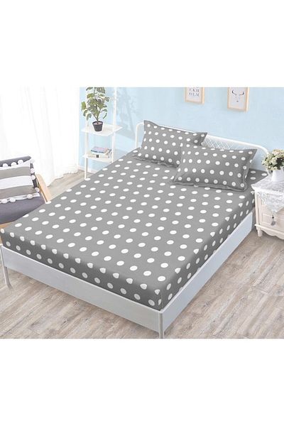OEM Husa de Pat cu Elastic, 3 Piese, Bumbac Satinat, 180x200cm, Imprimeu Buline, Gri-Alb