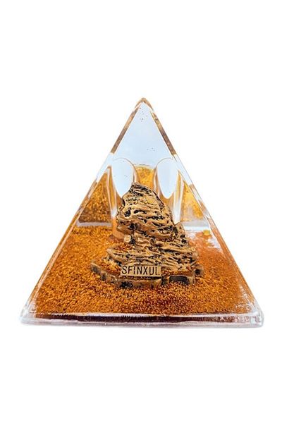 OEM Plastic pyramid, with liquid, with the Sphinx of Bucegi, gold, 8x8 cm