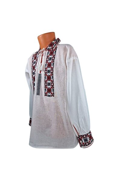 OEM Traditional Romanian Boy's Cotton Shirt, White with Red Embroidery, Age 4