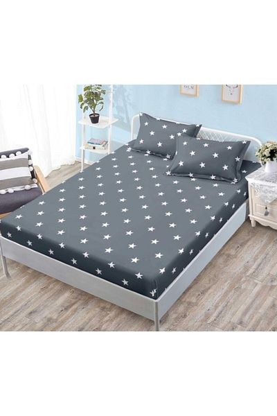 OEM Husa de Pat, cu Elastic, 3 Piese, Bumbac Satinat, 180x200cm, Imprimeu Stele, Gri Inchis-Alb