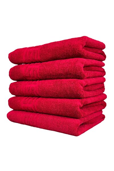 OEM Set 5 hand towels, Cotton, Greek Border, 500g/m², 30x50cm, Red