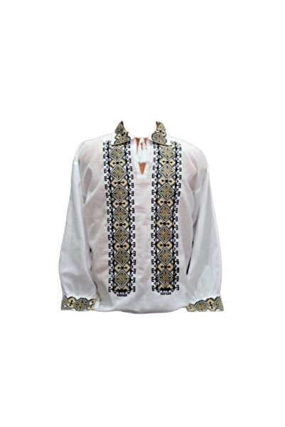OEM Men's Traditional Style Blouse with Embroidery, Long Sleeve, Cotton, Black-Beige, Size S