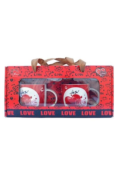 OEM Set 2 ceramic mugs with spoon, hearts and text 'I love you', 30x16cm