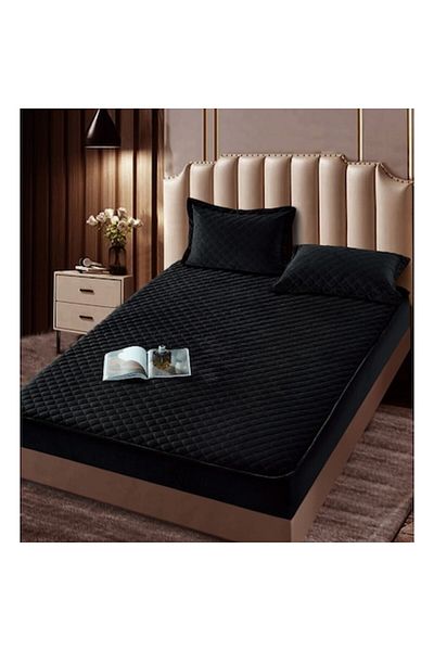 JOJO HOME Cuvertură de pat și 2 fețe de pernă, Jojo Home, catifea, model cu romburi, saltea matlasată, 160x200cm, negru
