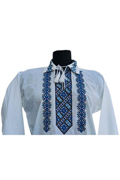 OEM Men's Traditional Embroidered Cotton Blouse, Light Blue and Navy, Size M