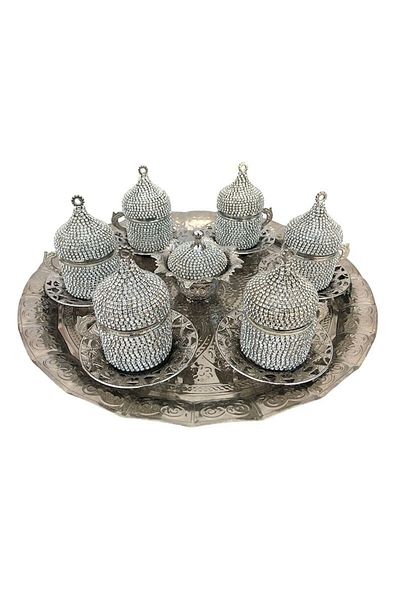 OEM Set de ceai/cafea din ceramică cu șase cești, farfurioare, zaharniță și tavă, decorat cu cristale, M3, 37