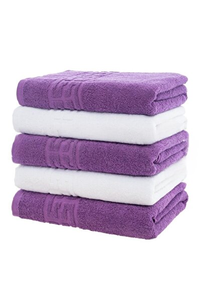 OEM Set 5 Bath Towels, Cotton, Bicolor, Greek Border, 500g/m², 70x140cm, Purple-White