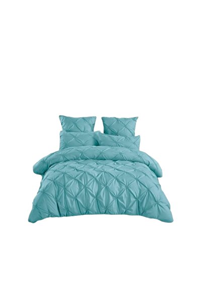 OEM Set de lenjerie de pat dublu, pliuri brodate, uni, 6 piese, bumbac fin, 230x250cm, albastru cer