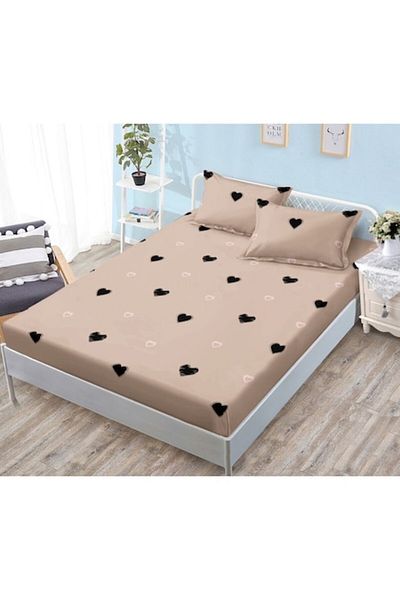 OEM Husa de Pat, cu Elastic, 3 Piese, Bumbac Satinat, 180x200cm, Imprimeu Inimioare, Cafea cu Lapte-Negr