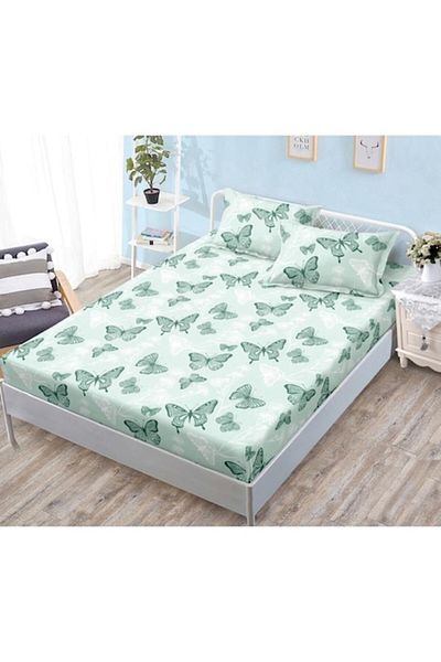 OEM Husa de Pat, cu Elastic, 3 Piese, Bumbac Satinat, 180x200cm, Imprimeu Fluturi, Verde Ou de Rata