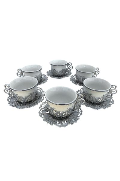 OEM Set de șase cești ceramice cu suport metalic și șase farfurii metalice, M4, 37x34 cm