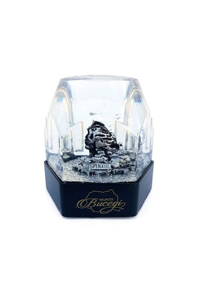 OEM Plastic globe with battery featuring the Sphinx and text 'Muntii Bucegi', 8x8 cm
